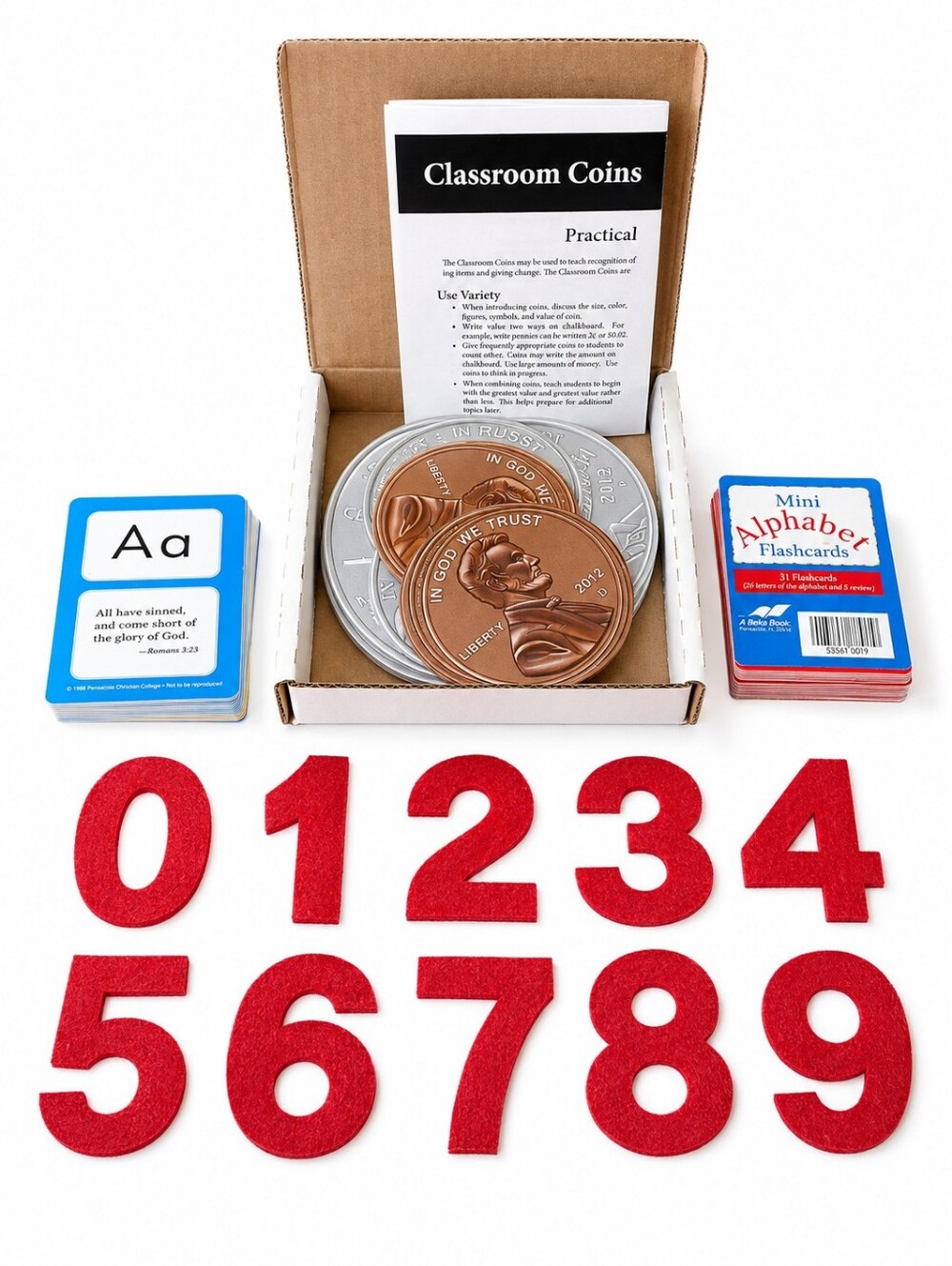 Abeka Classroom Helps Set Counting Coins Felt Numbers Alphabet Flash Cards Lot